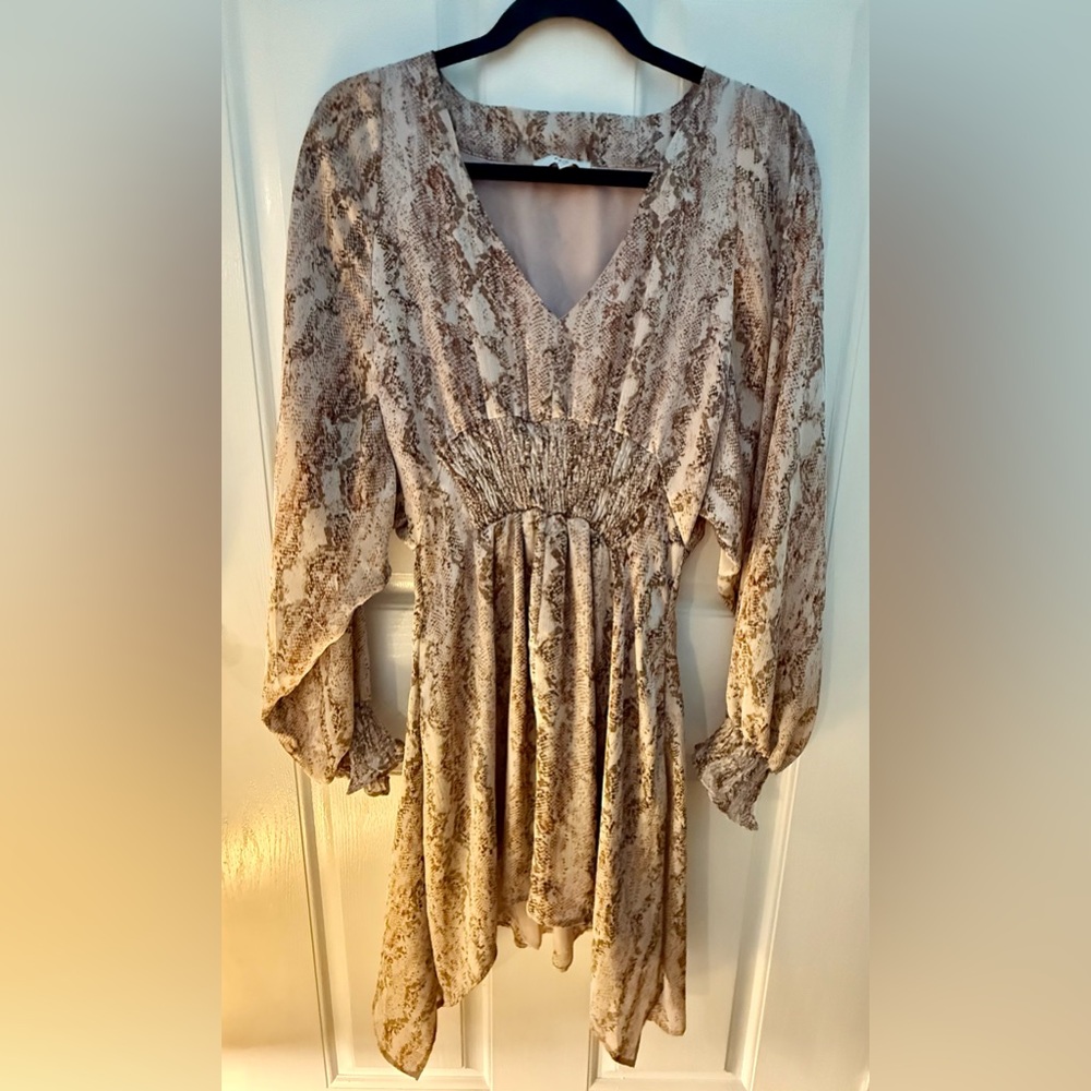 Fate Snake Print Ruffles Smocked Long Sleeve Dress Size Small